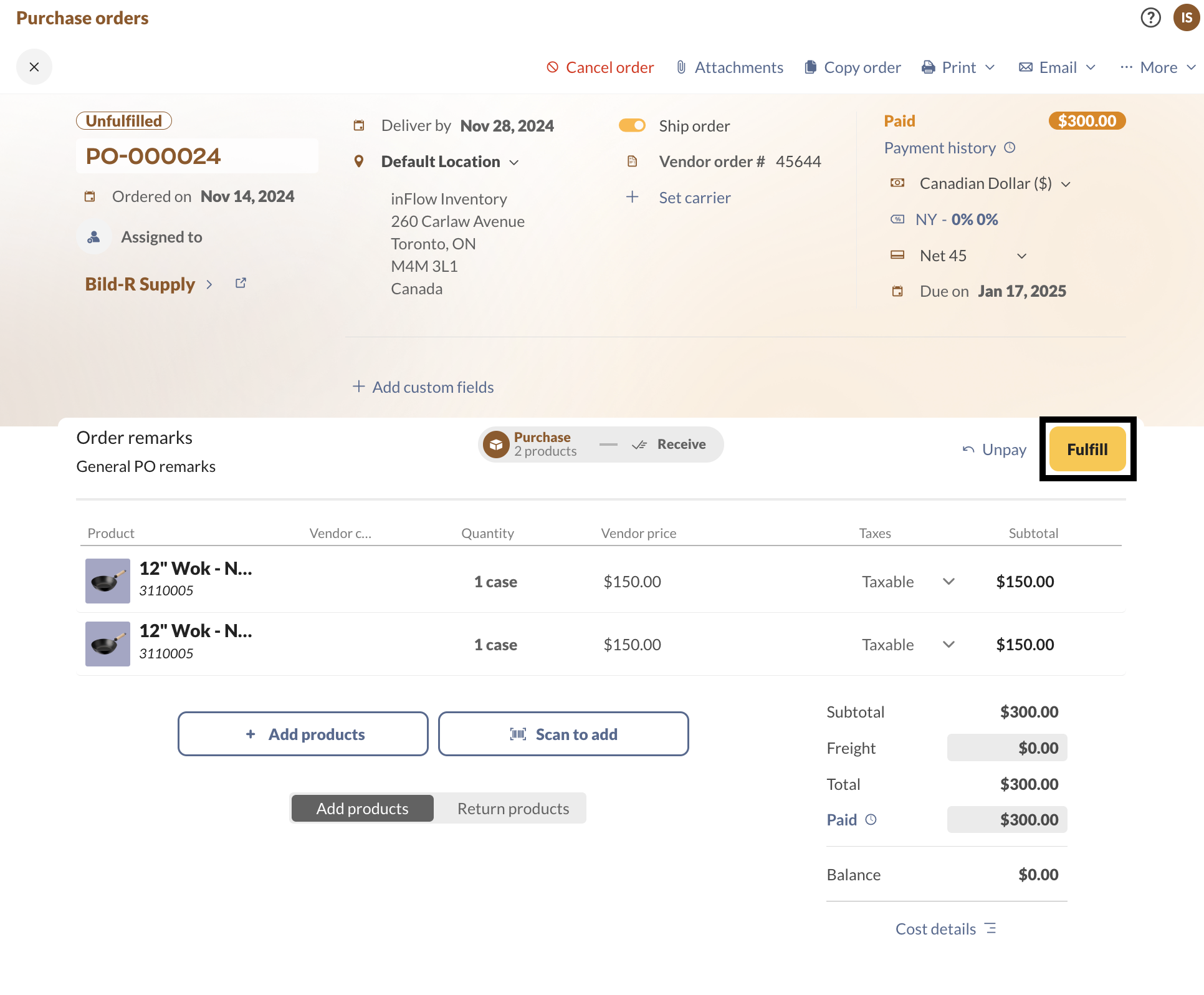 Click the "Fulfill" button to receive all items from the purchase order. 