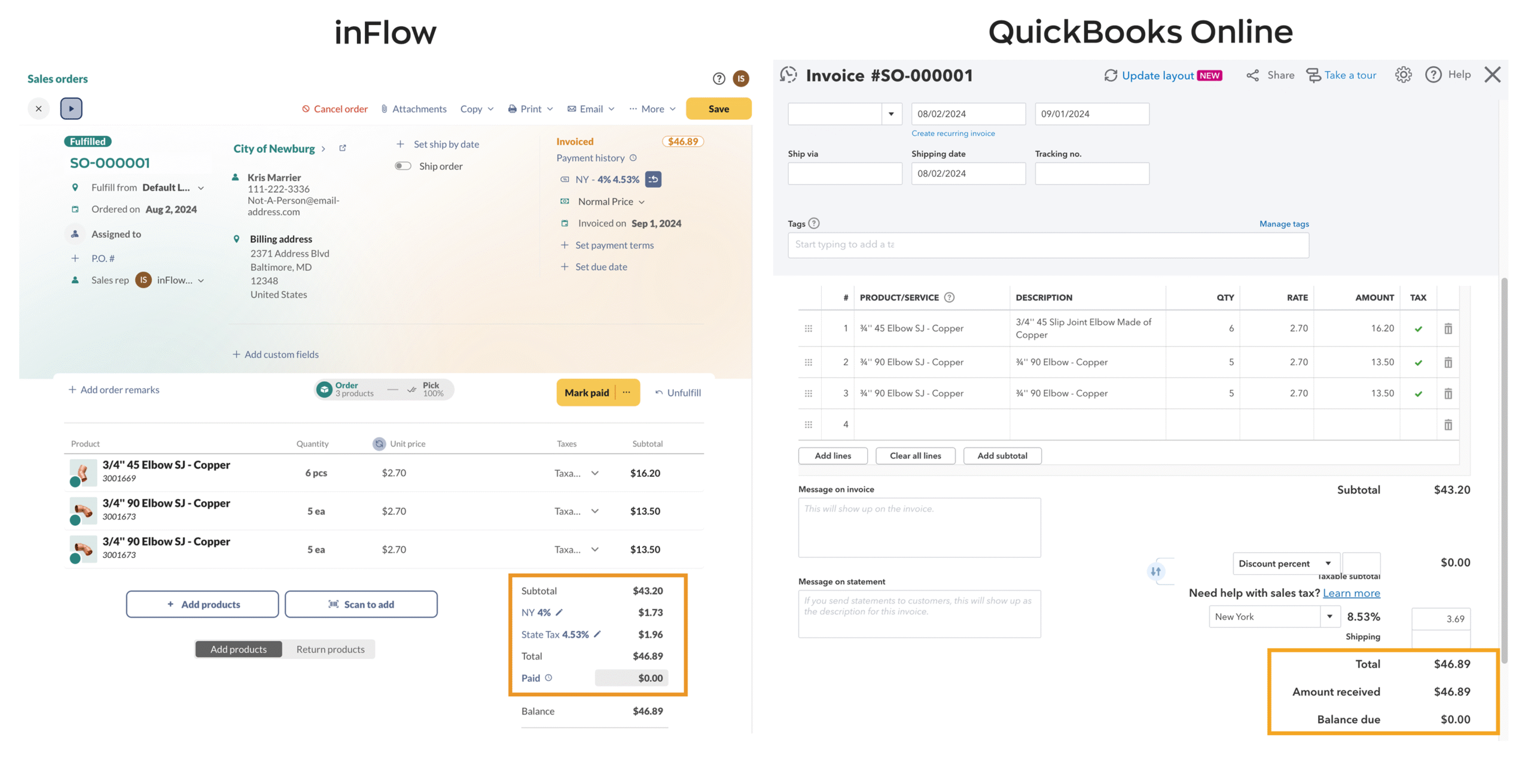 This image shows an inFlow sales order synced with QuickBooks Online. The Push and Pull Payments setting allows payments to sync automatically between the two systems.