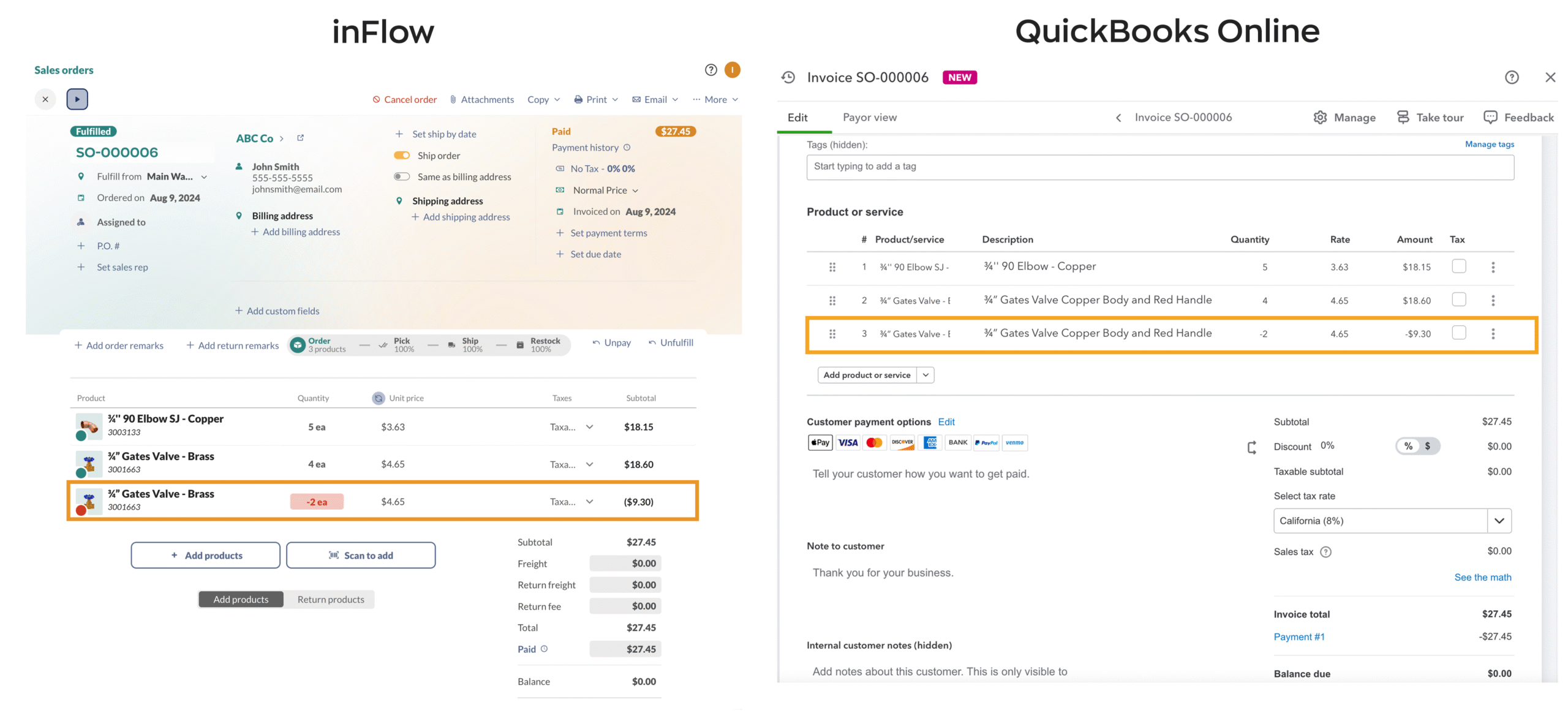 This image displays a refund for a fulfilled sales order in inFlow, with the corresponding details updated in QuickBooks Online.