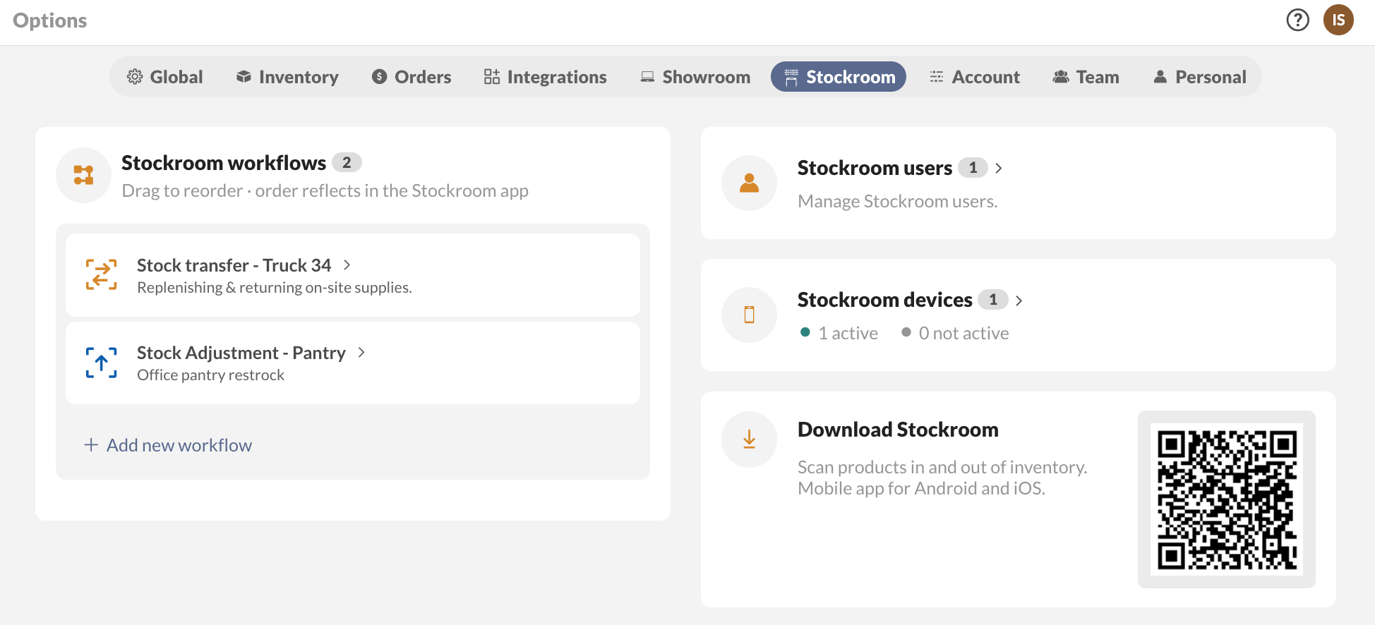 Stockroom settings in inFlow for Web