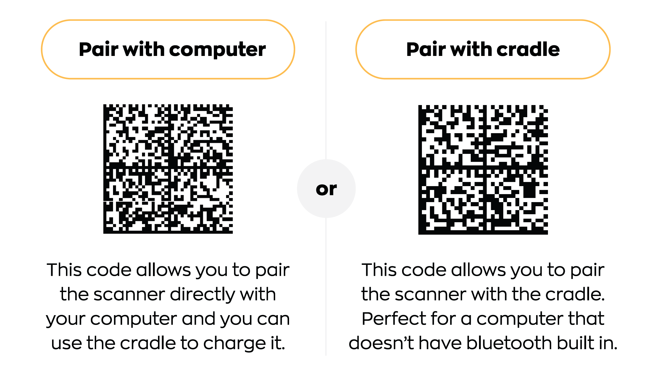 Scan one of the QR codes to pair your scanner with your computer or with the cradle.