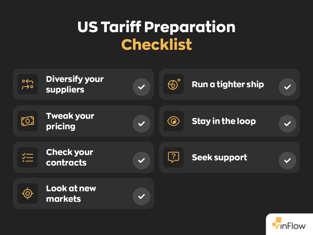 US Tariff Preparation Checklist:
- Diversify your suppliers
- Tweak your pricing
- Check your contracts
- Look at new markets
- Run a tighter ship
- Stay in the loop
- Seek support