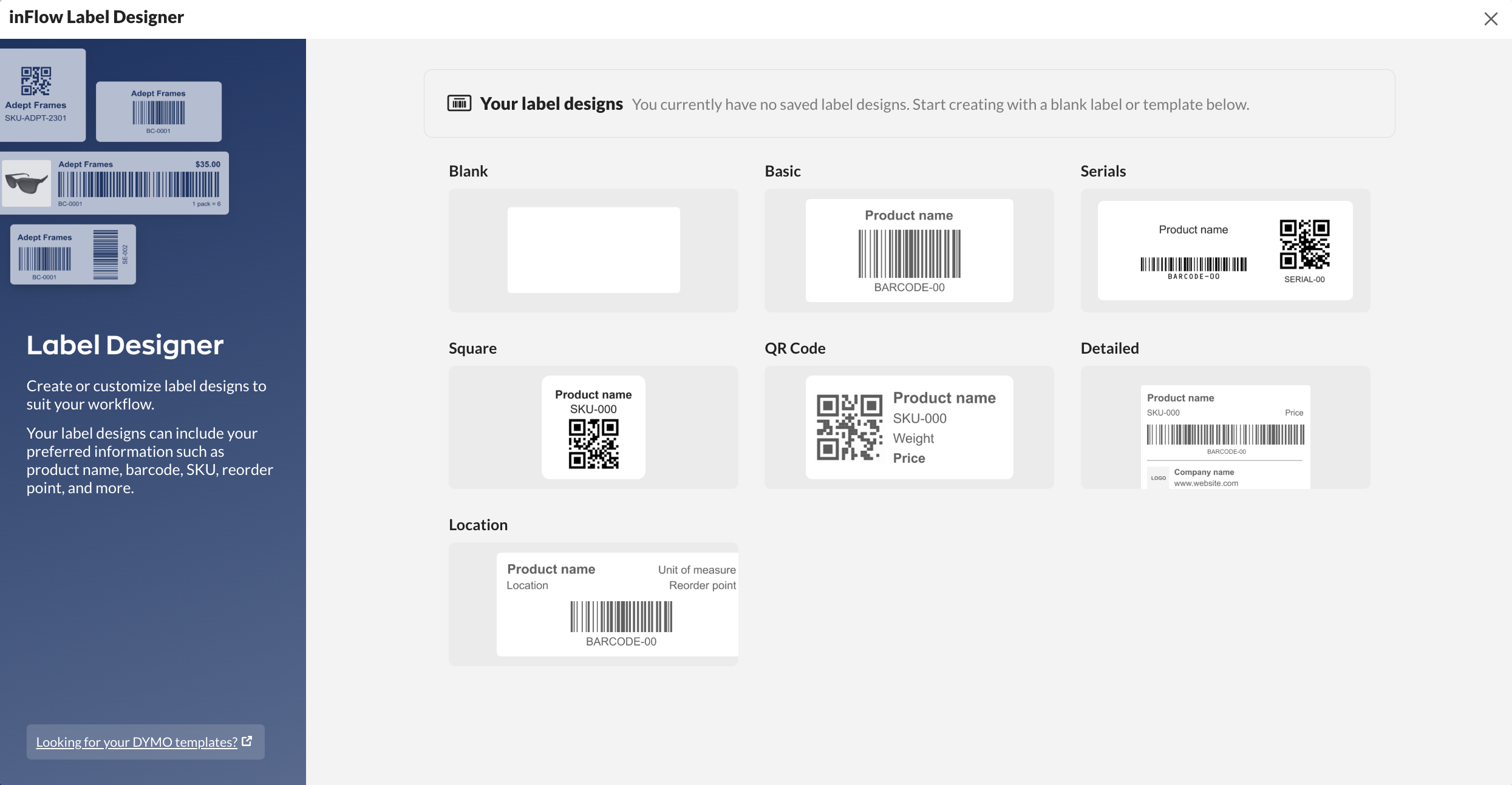 Example images that can be printed from inFlow’s Label Designer.