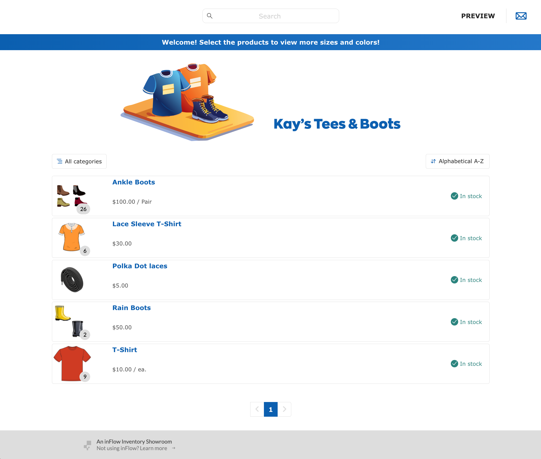 Online showroom featuring five products for sale, most with variants.