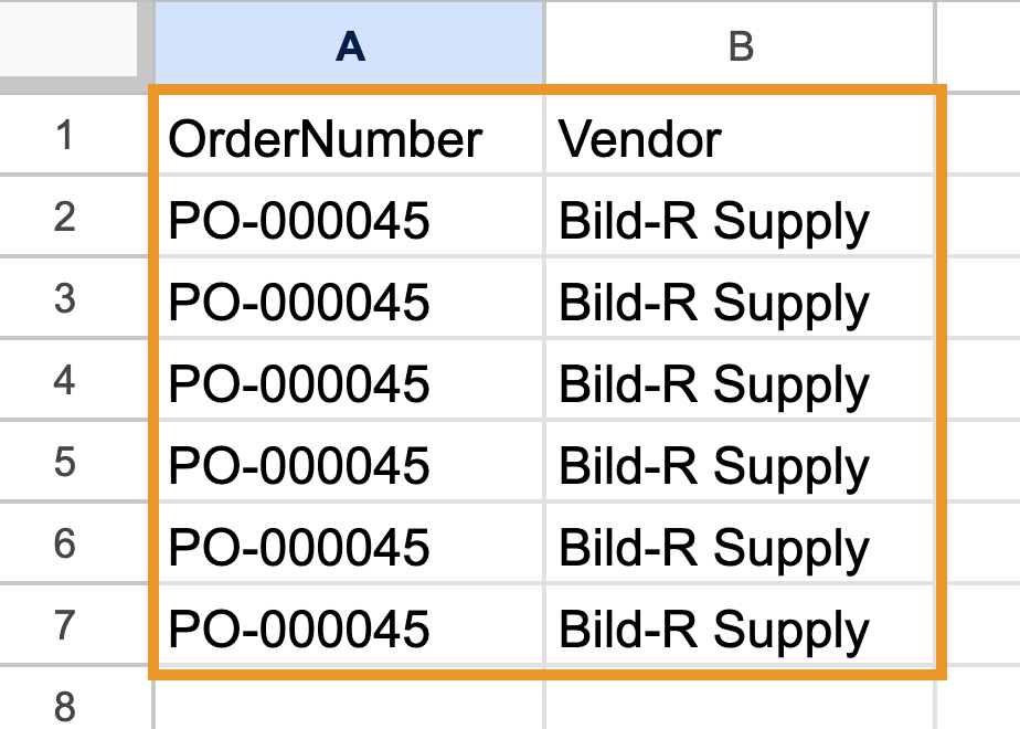 When fulfilling purchase orders using an import, you only need to complete the OrderNumber and Vendor columns in the CSV file.