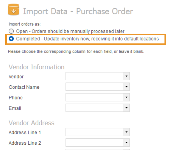The import purchase orders screen in inFlow for Windows, where Completed should be selected to import purchase orders as fulfilled.