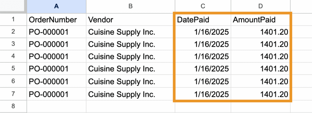 Fill out the DatePaid and AmountPaid columns to pay purchase orders with a CSV import.