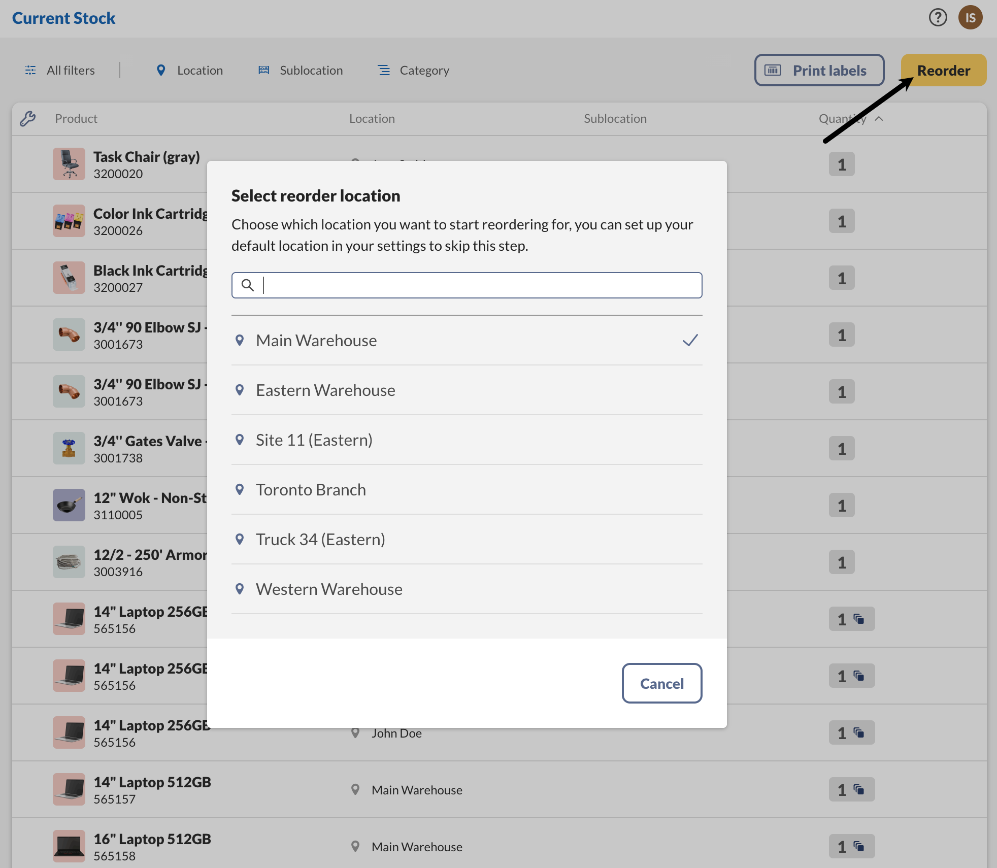 How to reorder products from the Current stock screen.