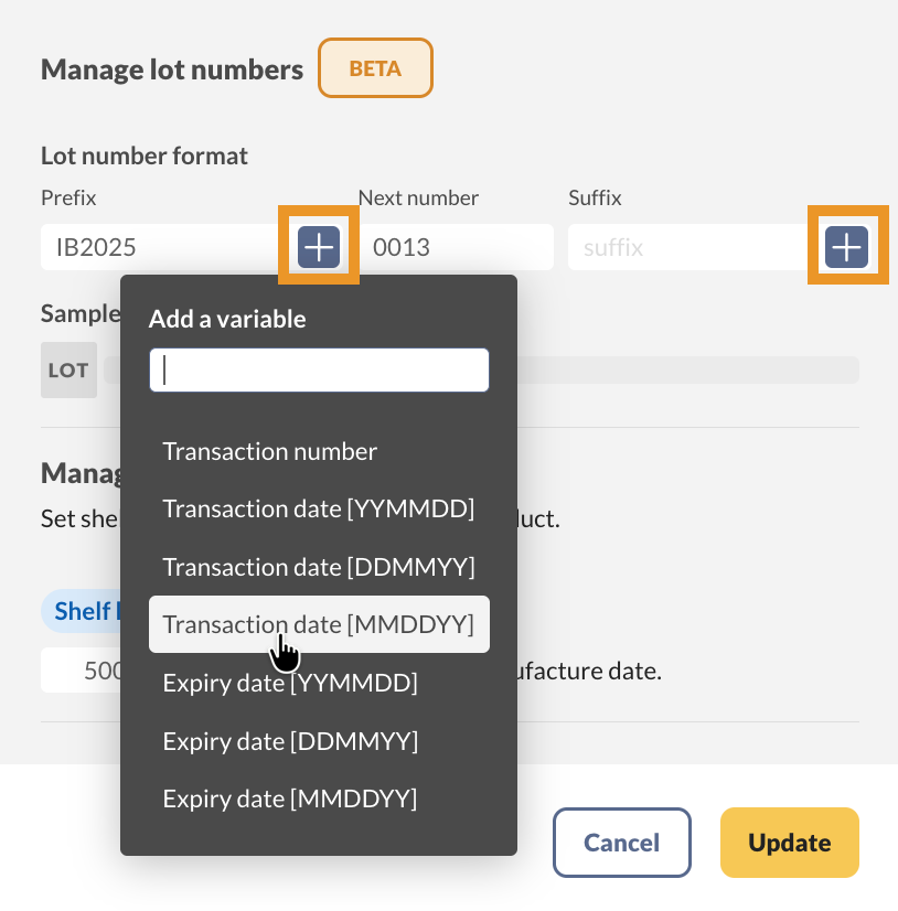 Edit the lot details by adding variables to include order information in the lot number when generating it in inFlow.
