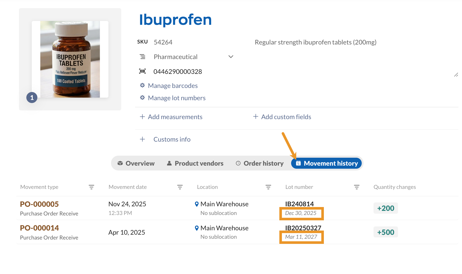 Locating the expiry date for each lot number. 