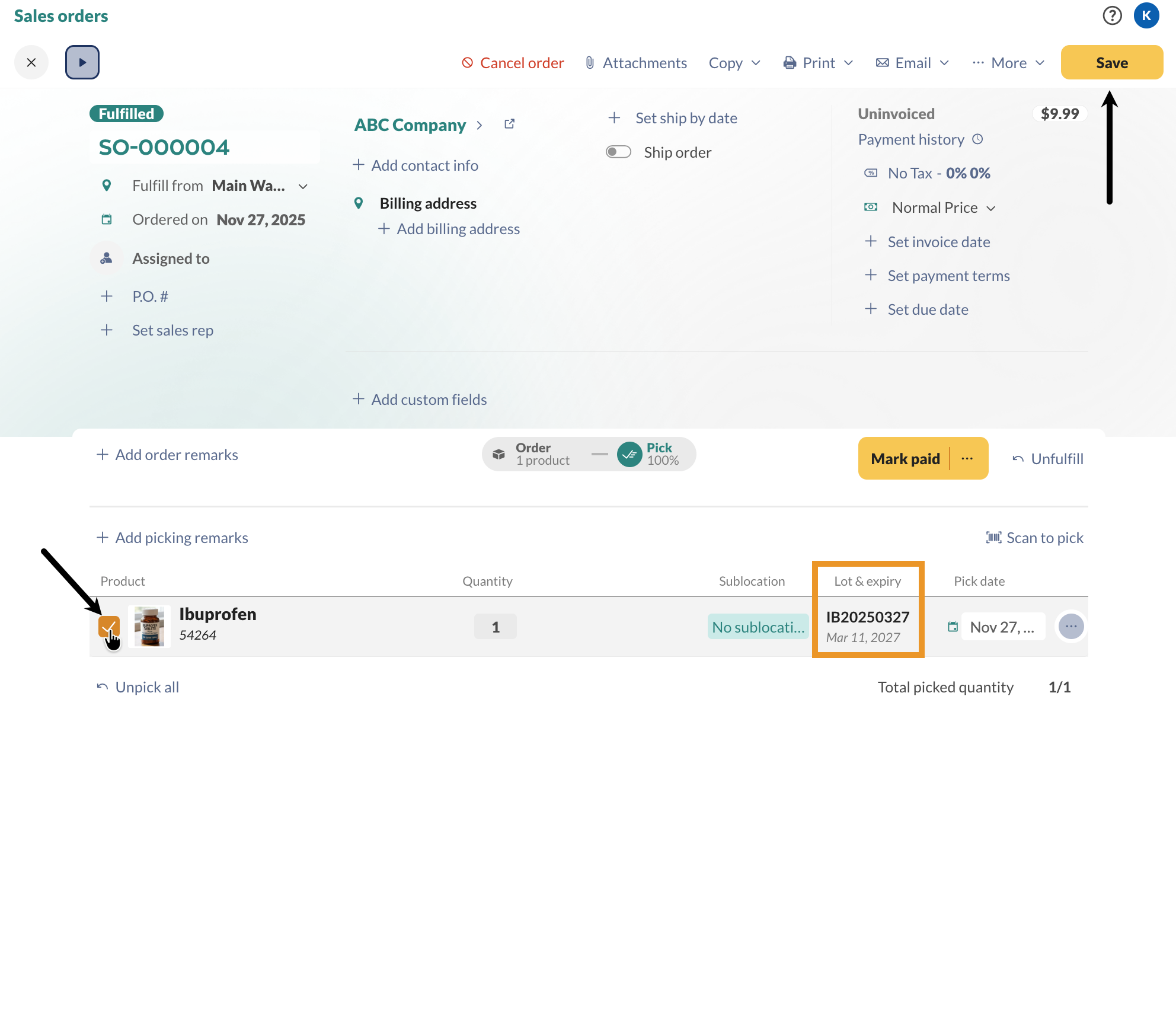 Sales order picking for lot-tracked products. 