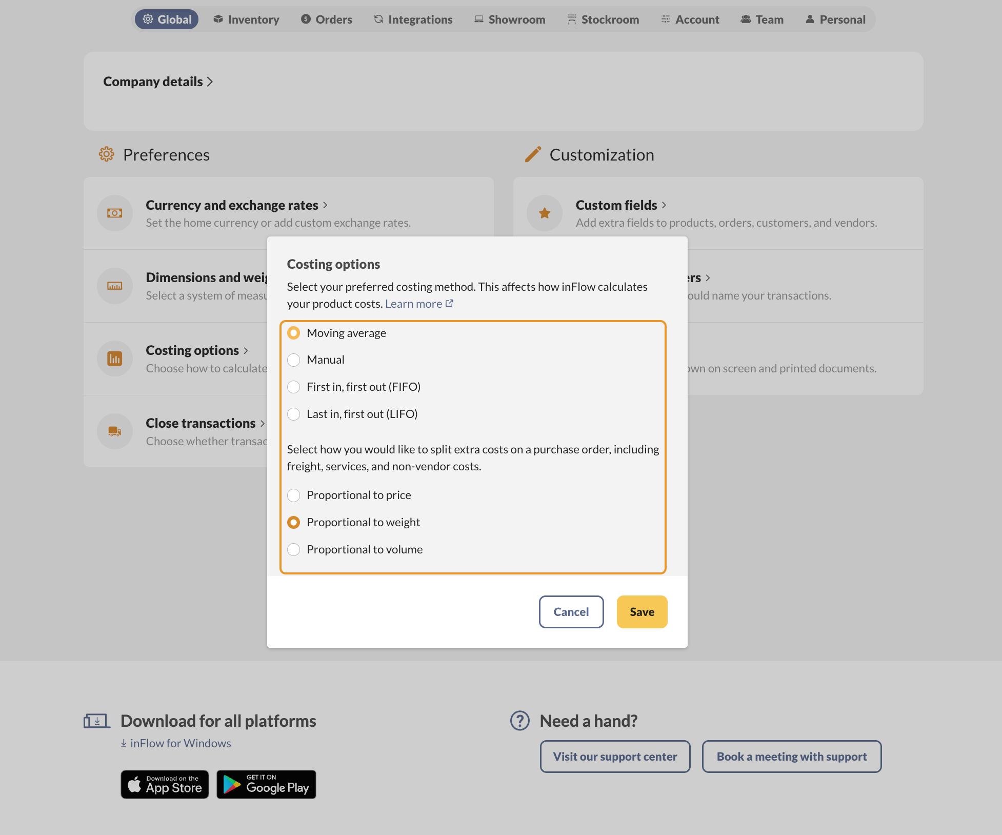 Select the desired Costing option and how you'd like costs distributed on orders.