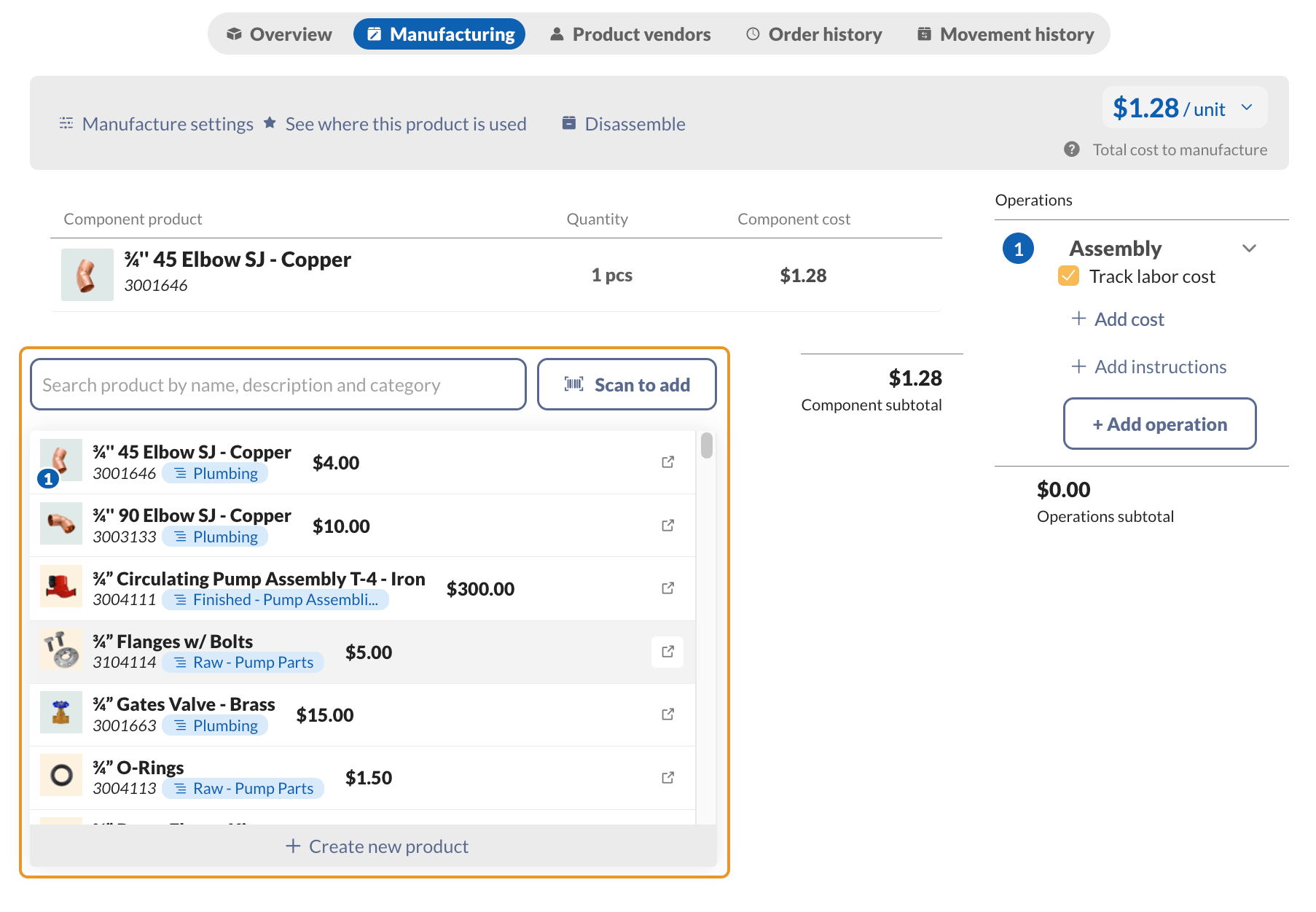 Bill of materials with searchable product list and operations cost panel.