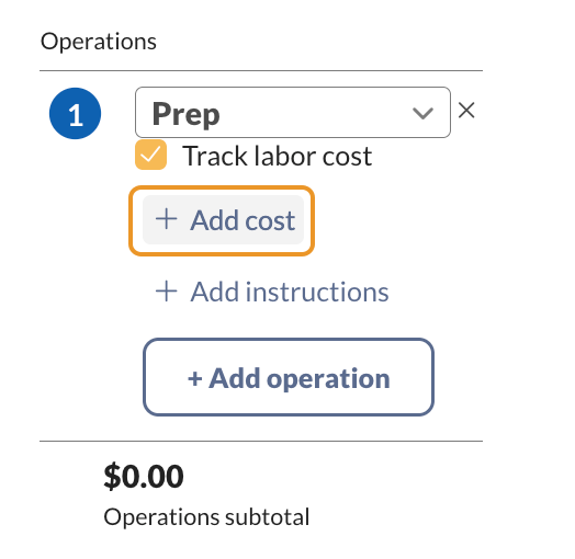Manufacturing operation settings with labor tracking and options to add costs or instructions.