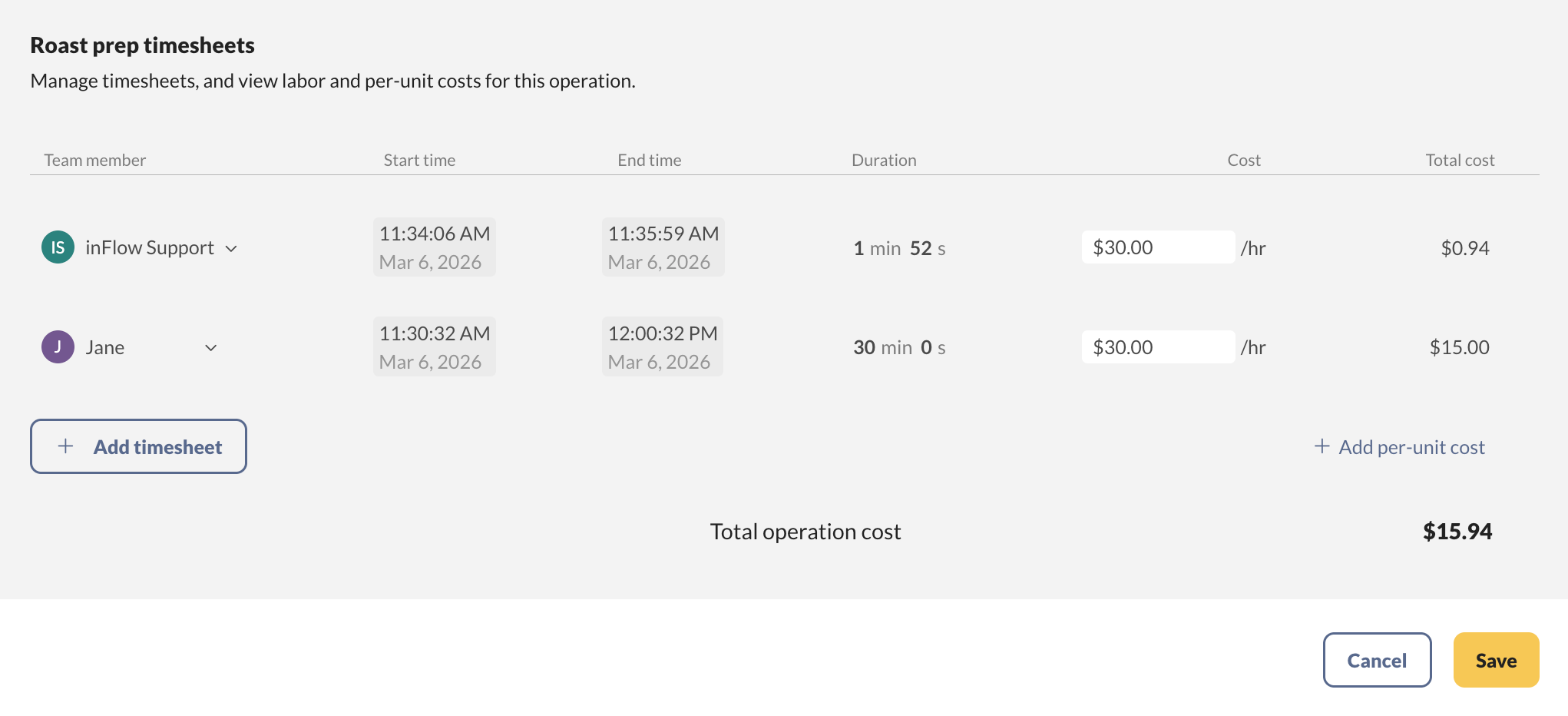 Timesheet view showing team members, work duration, hourly rate, and total cost.