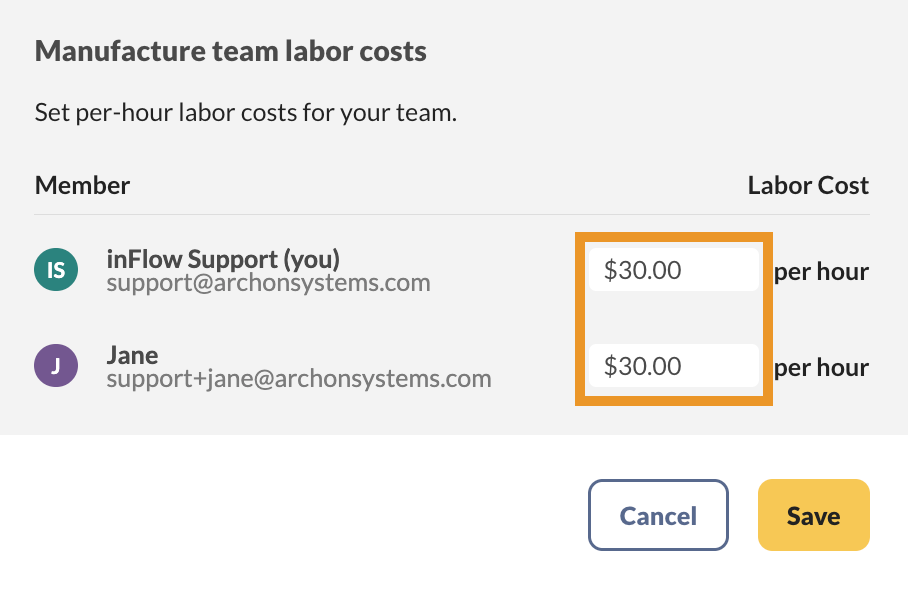 Manufacturing labor cost settings showing team members with editable hourly rates.