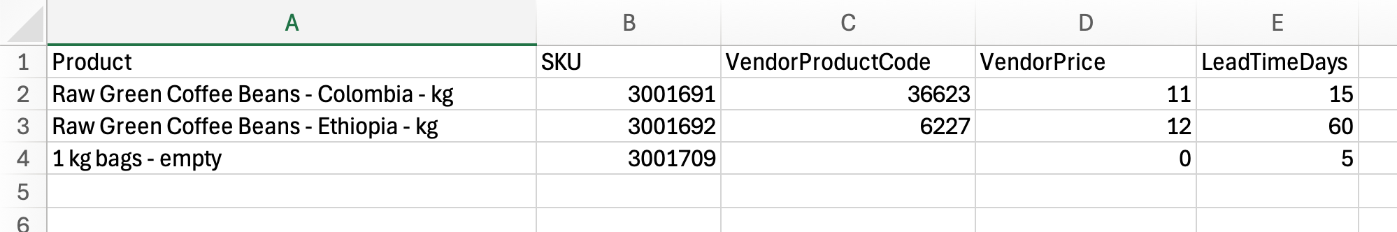 Example CSV template for importing product details for specific vendors.