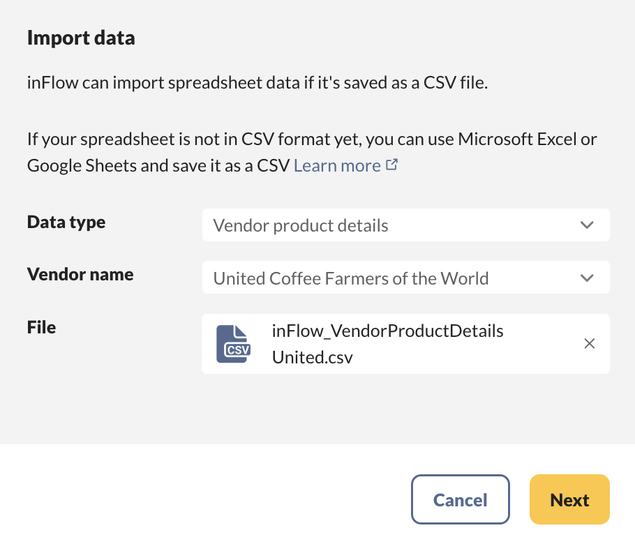 On the import data settings screen, select the vendor name.