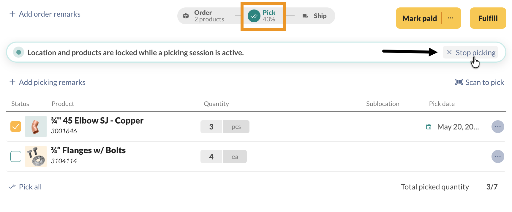 To end an active picking session, click on "Stop Picking."