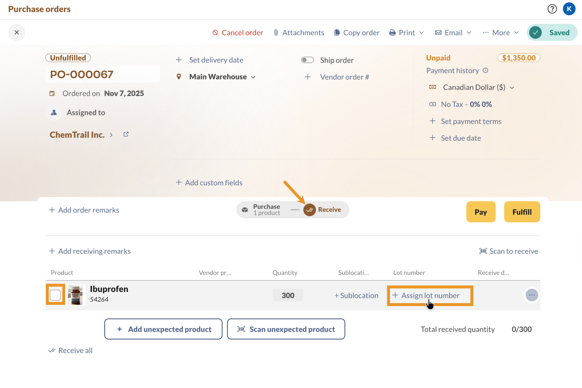 How to receive lot-tracked products on a purchase order.