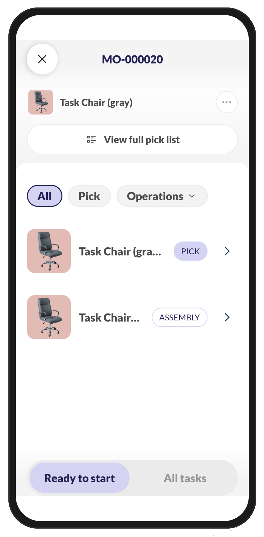 inFlow for Mobile task list for manufacture order MO-000020, showing the Task Chair (gray) with a Pick task and an Assembly task under the All filter, with the Ready to start view selected.