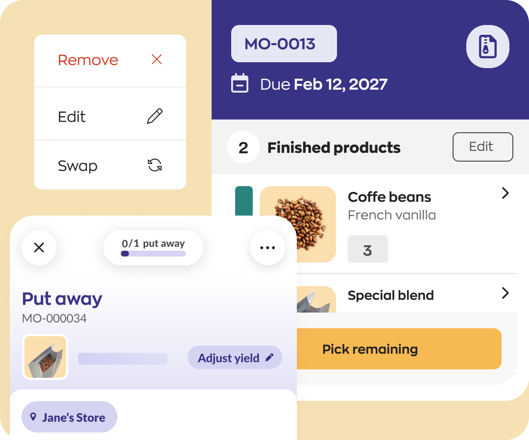 inFlow Manufacturing Mobile App Use inFlow Mobile to pick raw materials and put away finished products