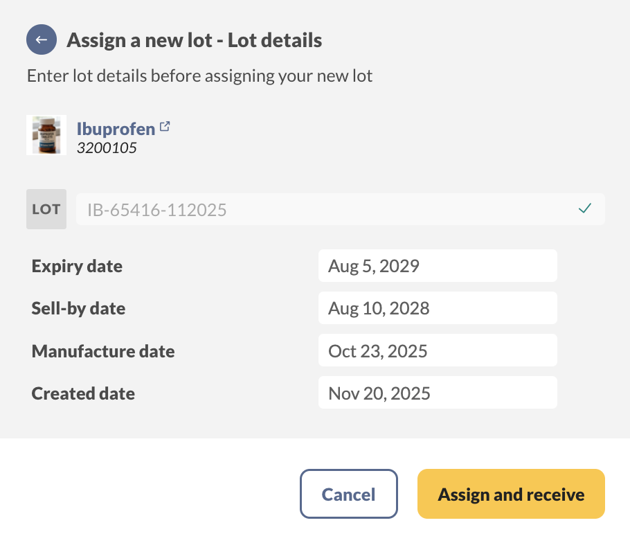 The Assign a new lot - Lot details window with date fields to fill in before selecting Assign and receive.