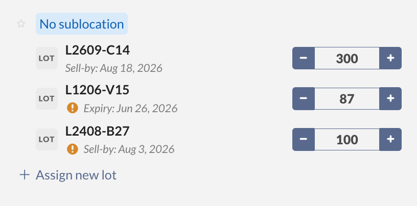 A lot list with warning icons beside lots that are past their sell-by date or nearing expiry.