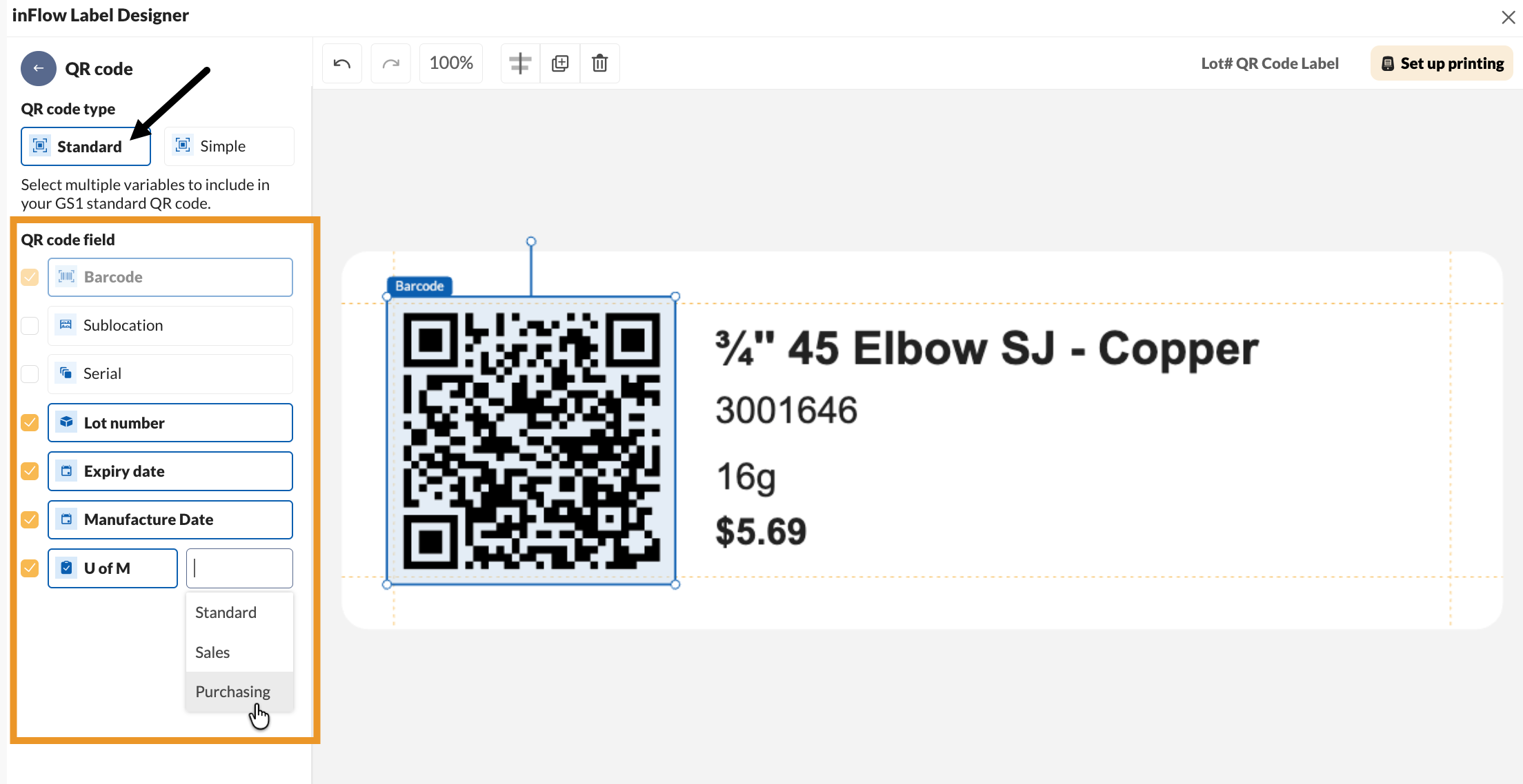 The Label Designer's QR code panel with the Standard type selected and lot tracking fields checked under QR code field.