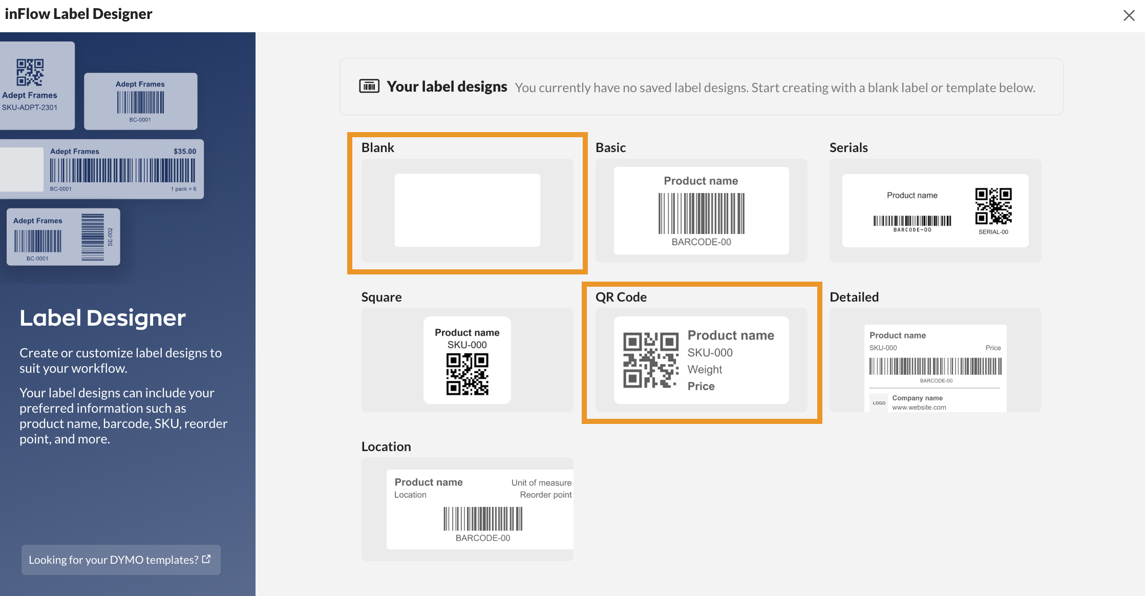 The Label Designer's template gallery, where you can start from a Blank label or the QR Code template.