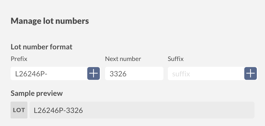 The Manage lot numbers window with fields for a prefix, next number, and suffix, plus a sample preview. 