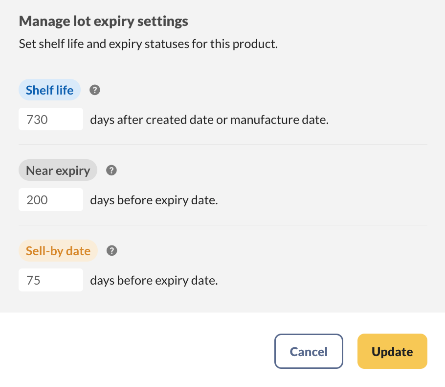The Manage lot expiry settings window with day fields for Shelf life, Near expiry, and Sell-by date.