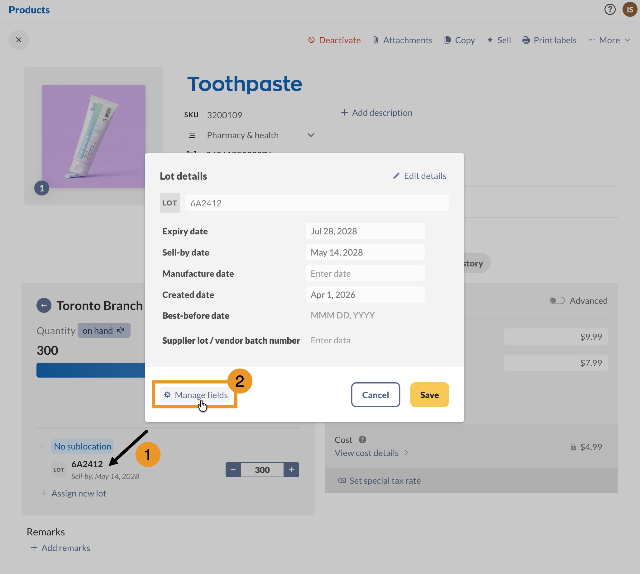 The Lot details window with a Manage fields button for adding extra fields like a best-before date.