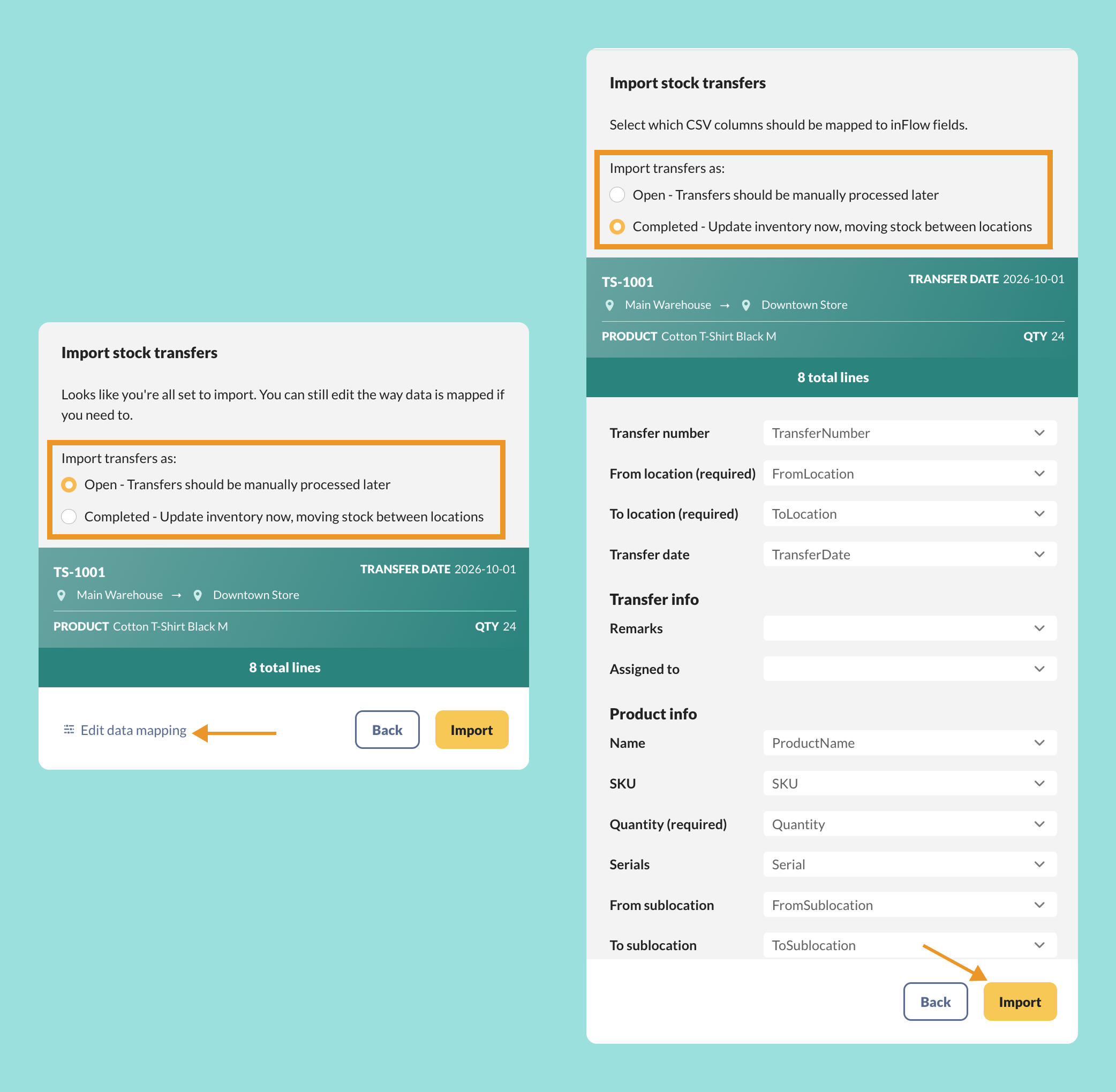 Import stock transfers window: choose Open or Completed, then optionally select Edit data mapping to check your columns before you select Import.