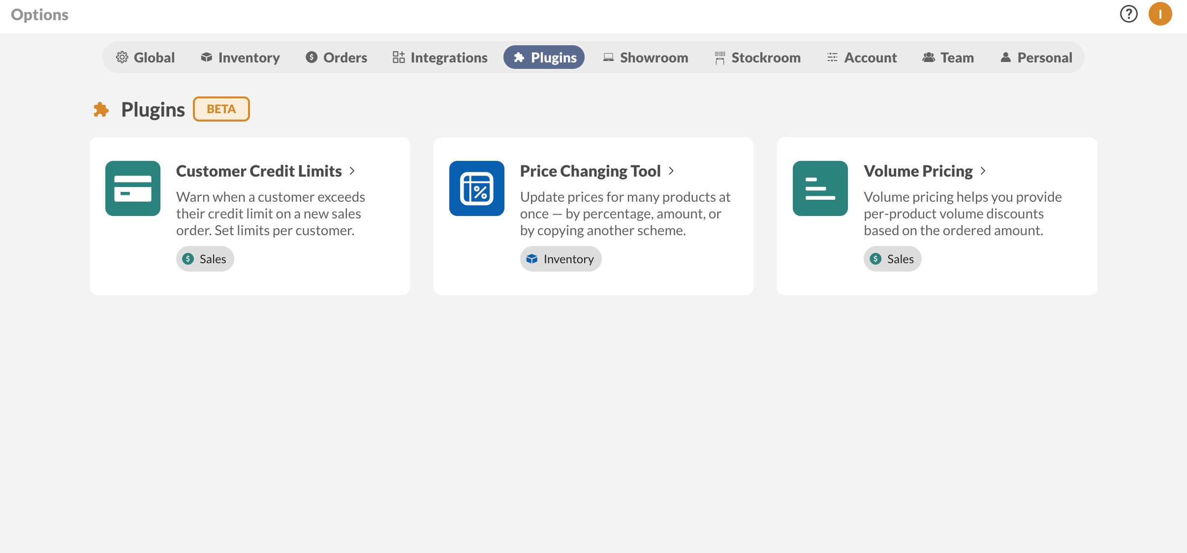 The Plugins tab under Options, where each card opens a plugin's details and install button.
