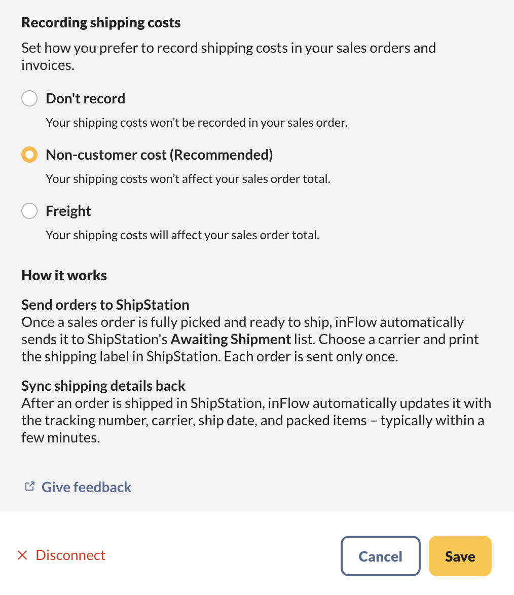 The shipping cost options in the ShipStation integration settings
