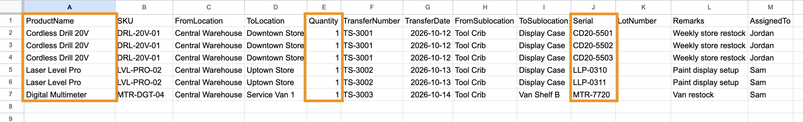 A stock transfer import with each serialized unit on its own row, a Quantity of 1, and its number in the Serial column