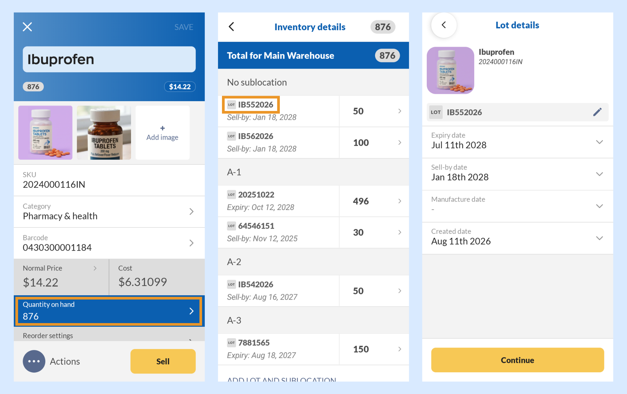 Navigating the product record, and showing the the Lot details listed under each sublocation. 