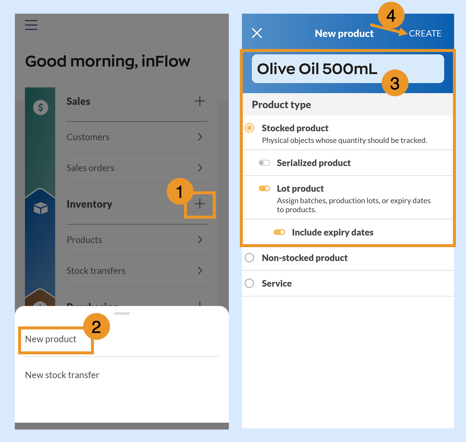 Creating a new product in inFlow for Mobile with the lot and expiry date tracking turned on.
