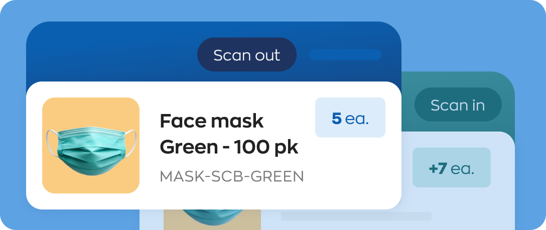 inFlow Stockroom interface scanning a face mask in and out of stock