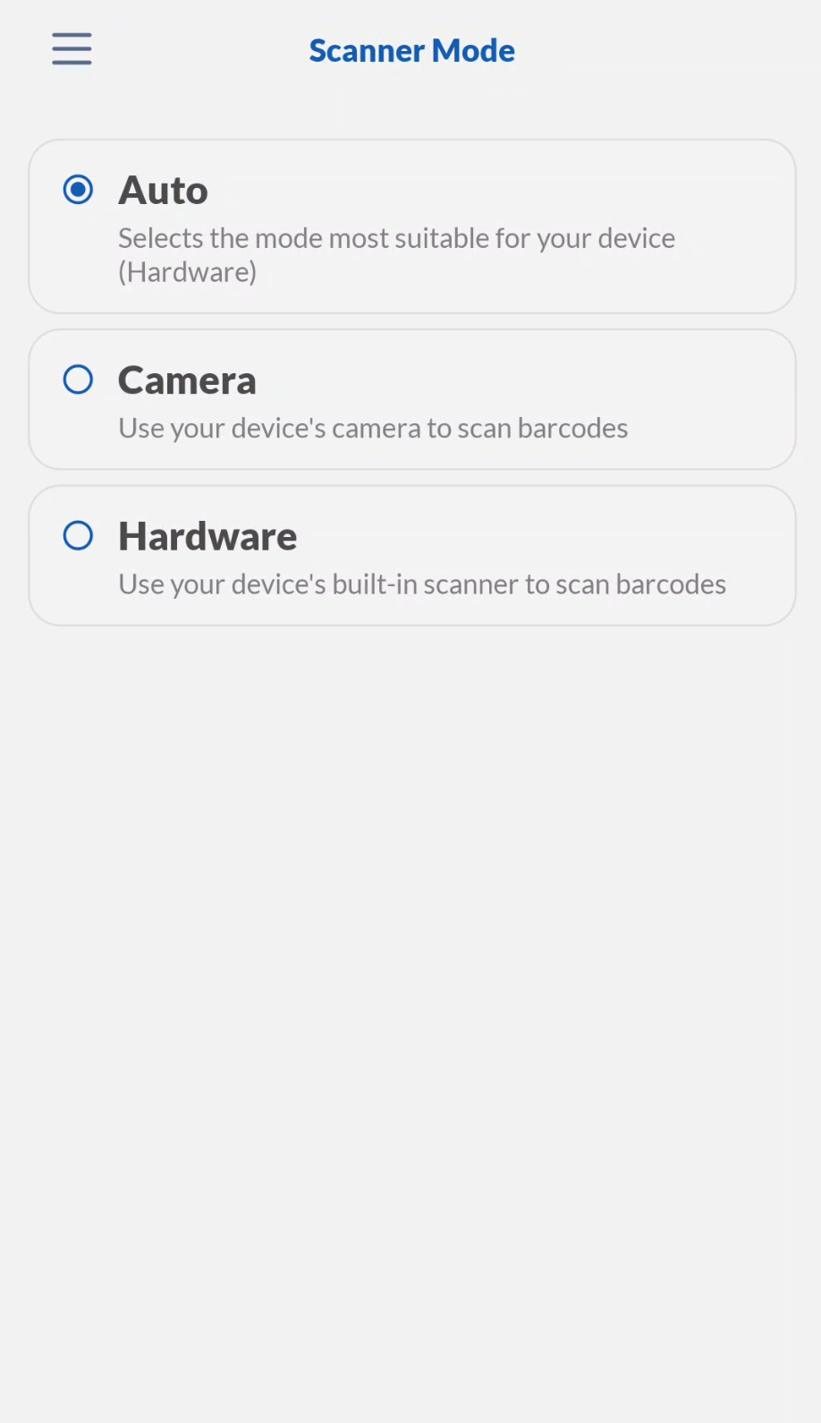 Scanner Mode screen with Auto selected, which picks Hardware for this device, plus Camera and Hardware options.