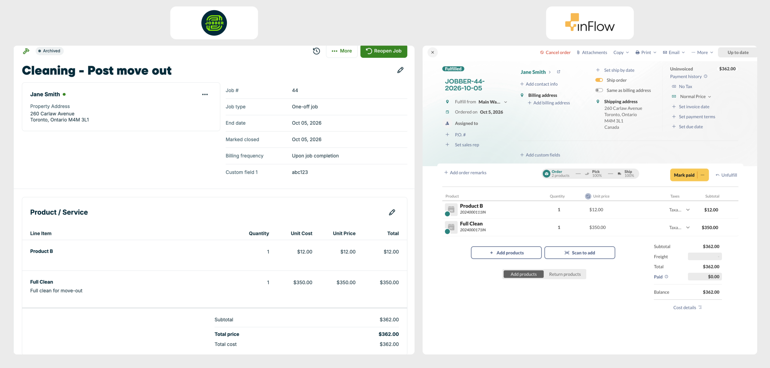 A closed Jobber job beside the fulfilled inFlow sales order it created, with the JOBBER- prefix and matching line items.